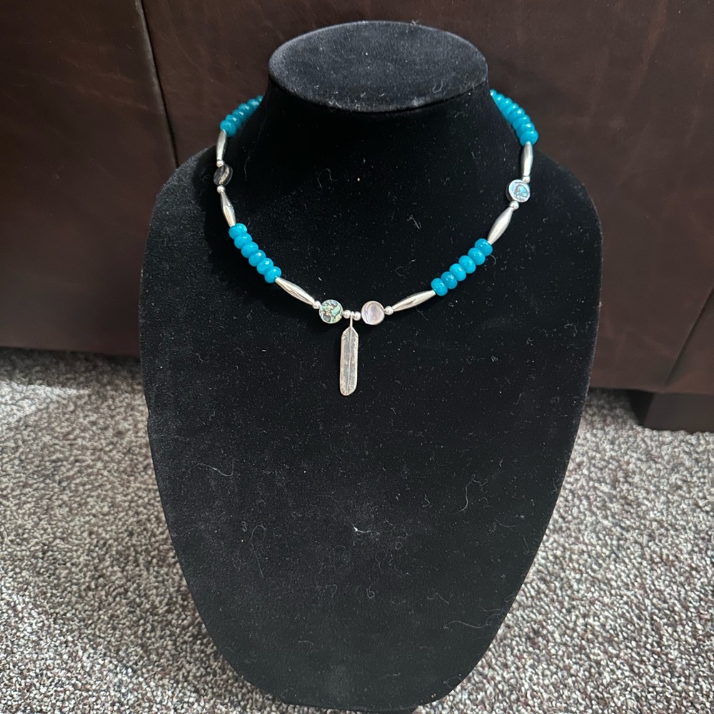 Hand Crafted Teal Quartz, Abalone Shell & Sterling Silver Necklace
